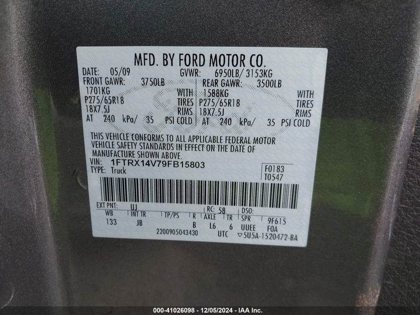 2009 FORD F150 VIN: 1FTRX14V79FB15803