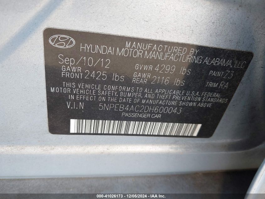 2013 HYUNDAI SONATA GLS - 5NPEB4AC2DH600043