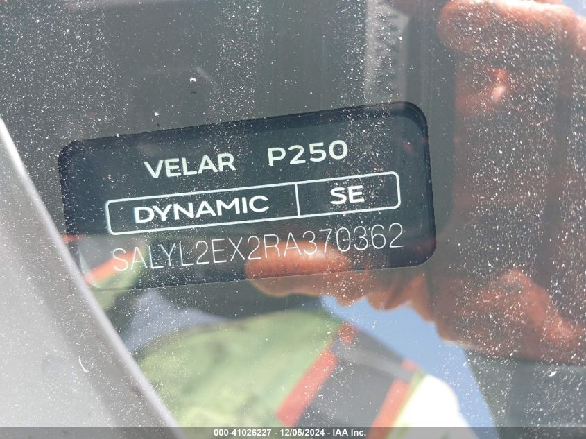2024 Land Rover Range Rover Velar P250 Dynamic Se VIN: SALYL2EX2RA370362 Lot: 41026227