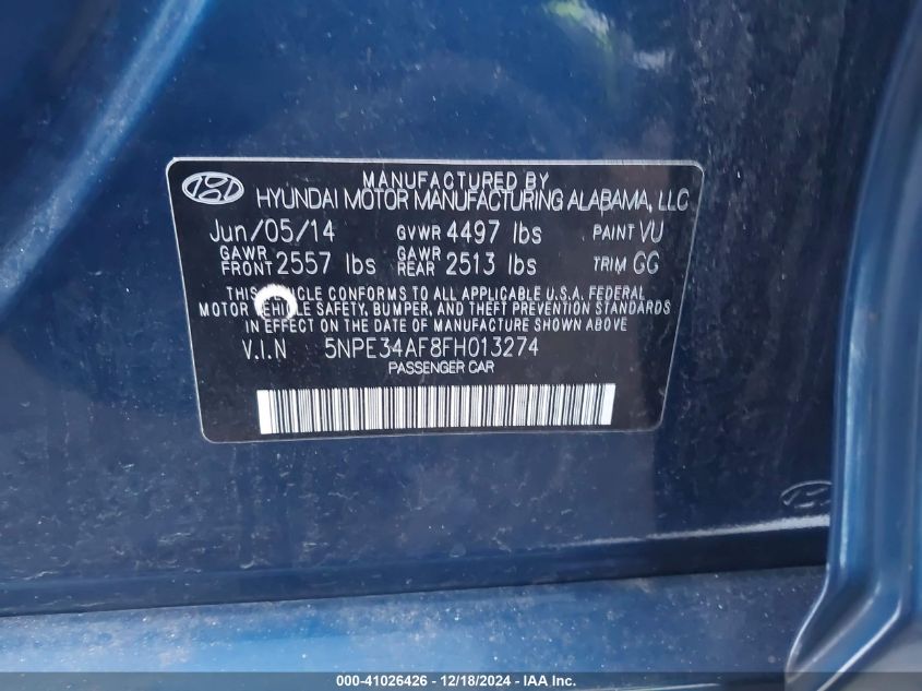 2015 Hyundai Sonata Limited VIN: 5NPE34AF8FH013274 Lot: 41026426
