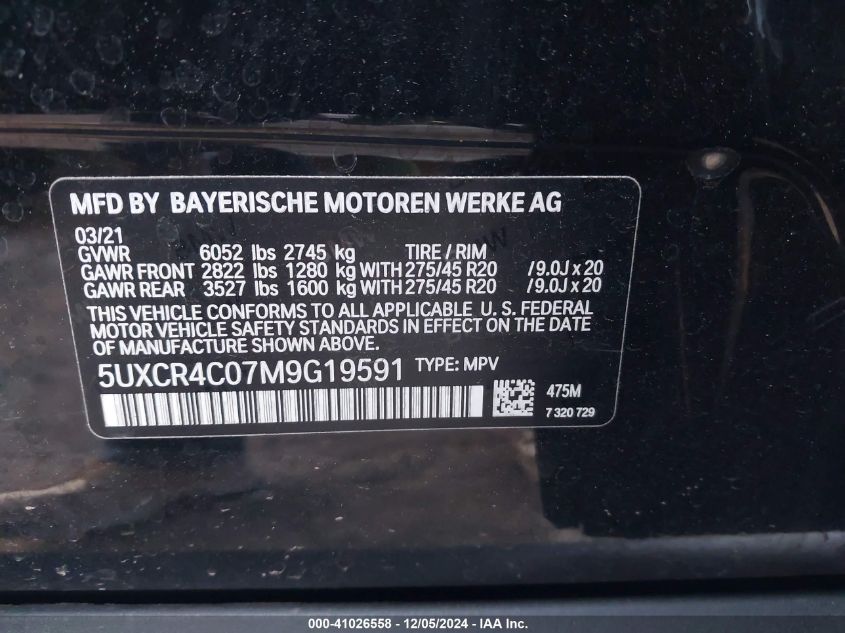 VIN 5UXCR4C07M9G19591 2021 BMW X5, Sdrive40I no.9