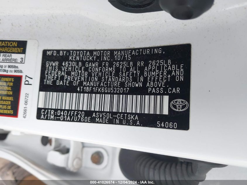 VIN 4T1BF1FK6GU532017 2016 Toyota Camry, SE no.9