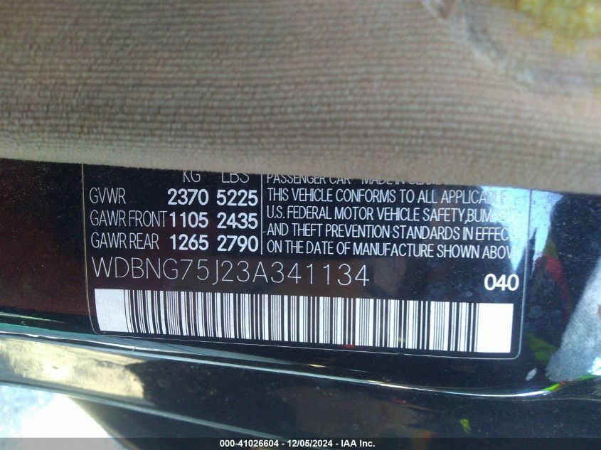 2003 Mercedes-Benz S-Class 5.0L VIN: WDBNG75J23A341134 Lot: 41026604