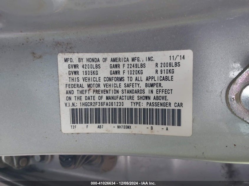2015 HONDA ACCORD VIN: 1HGCR2F36FA061230