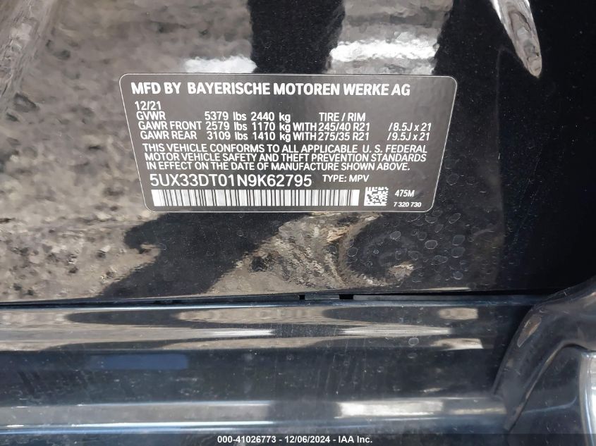 VIN 5UX33DT01N9K62795 2022 BMW X4, Xdrive30I no.9