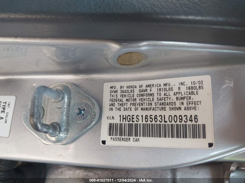 2003 Honda Civic Lx VIN: 1HGES16563L009346 Lot: 41027011