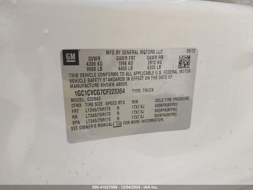 2012 Chevrolet Silverado 2500Hd Work Truck VIN: 1GC1CVCG7CF223364 Lot: 42284304