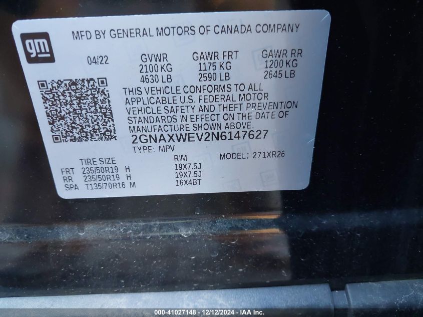 VIN 2GNAXWEV2N6147627 2022 Chevrolet Equinox, Awd Rs no.9