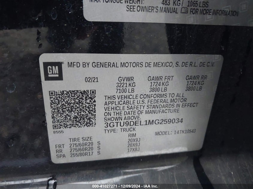 2021 GMC SIERRA 1500 VIN: 3GTU9DEL1MG259034