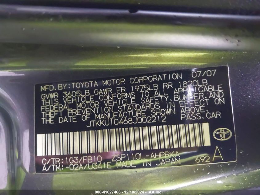 2008 Scion Xd VIN: JTKKU10468J002212 Lot: 41027465