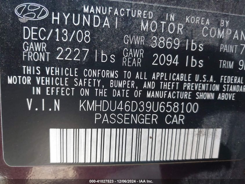 2009 Hyundai Elantra Gls VIN: KMHDU46D39U658100 Lot: 41027523