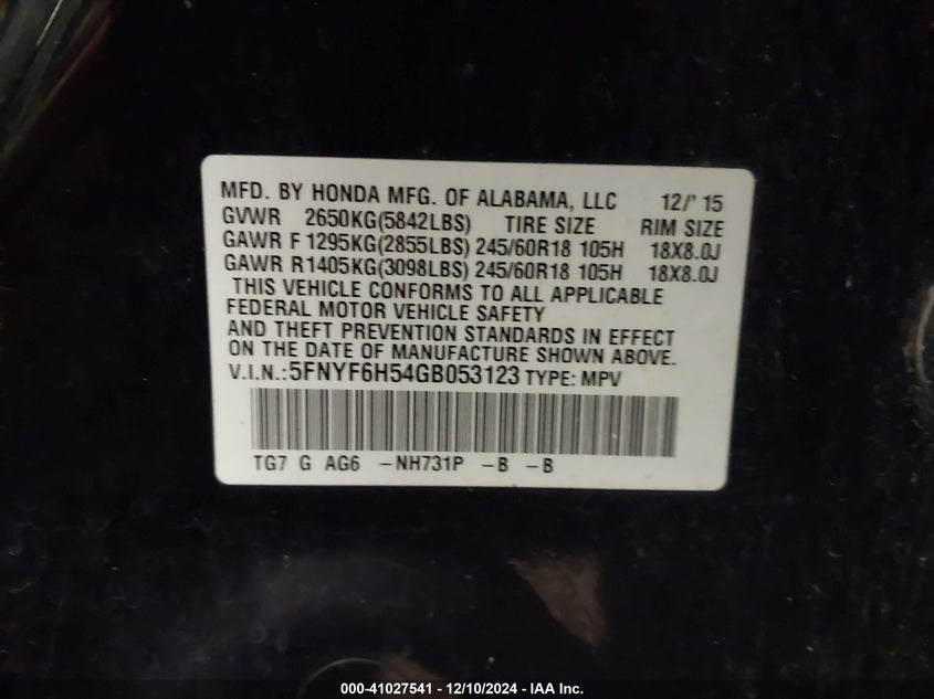 2016 HONDA PILOT EXL - 5FNYF6H54GB053123