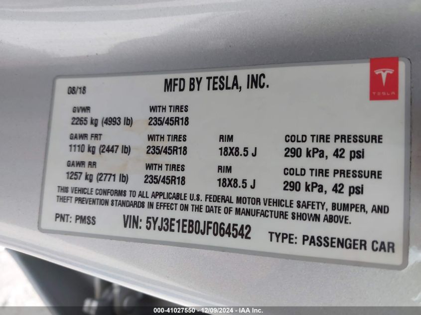 2018 TESLA MODEL 3 LONG RANGE/PERFORMANCE - 5YJ3E1EB0JF064542