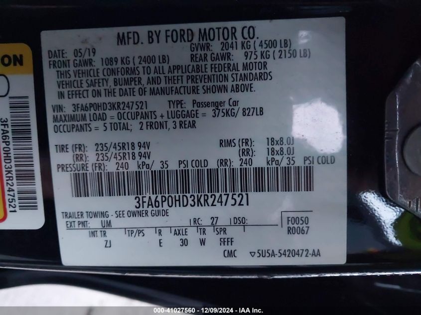 VIN 3FA6P0HD3KR247521 2019 Ford Fusion, SE no.9