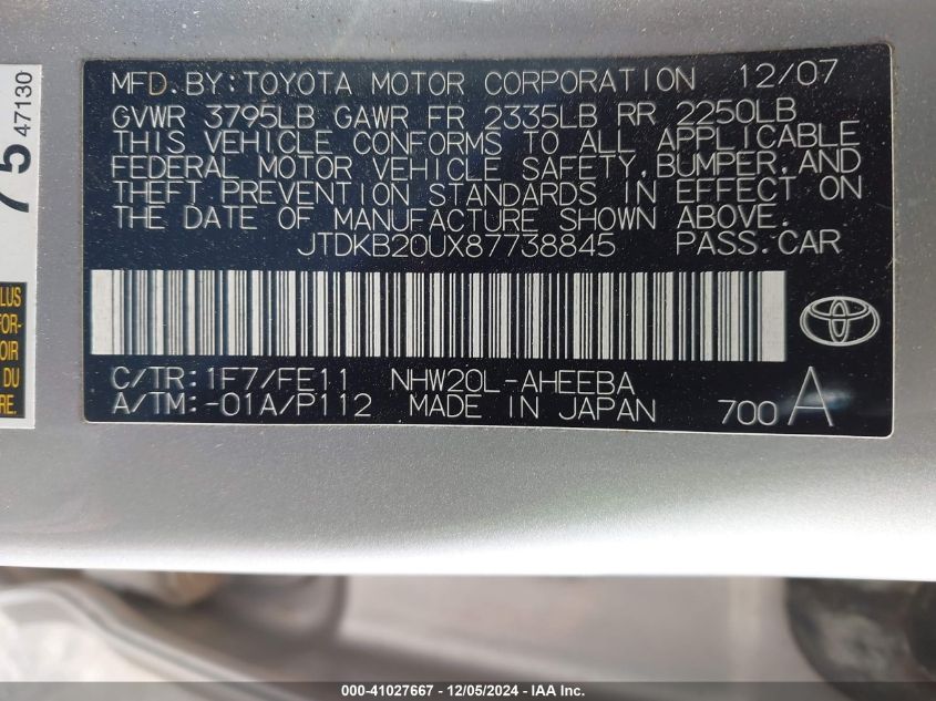 2008 Toyota Prius VIN: JTDKB20UX87738845 Lot: 41027667