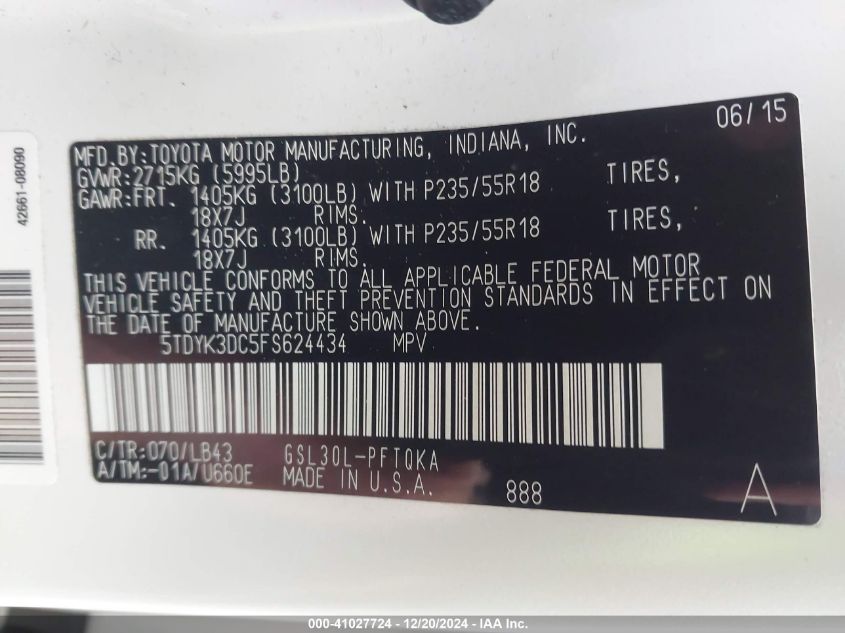 VIN 5TDYK3DC5FS624434 2015 Toyota Sienna, Limited 7... no.9