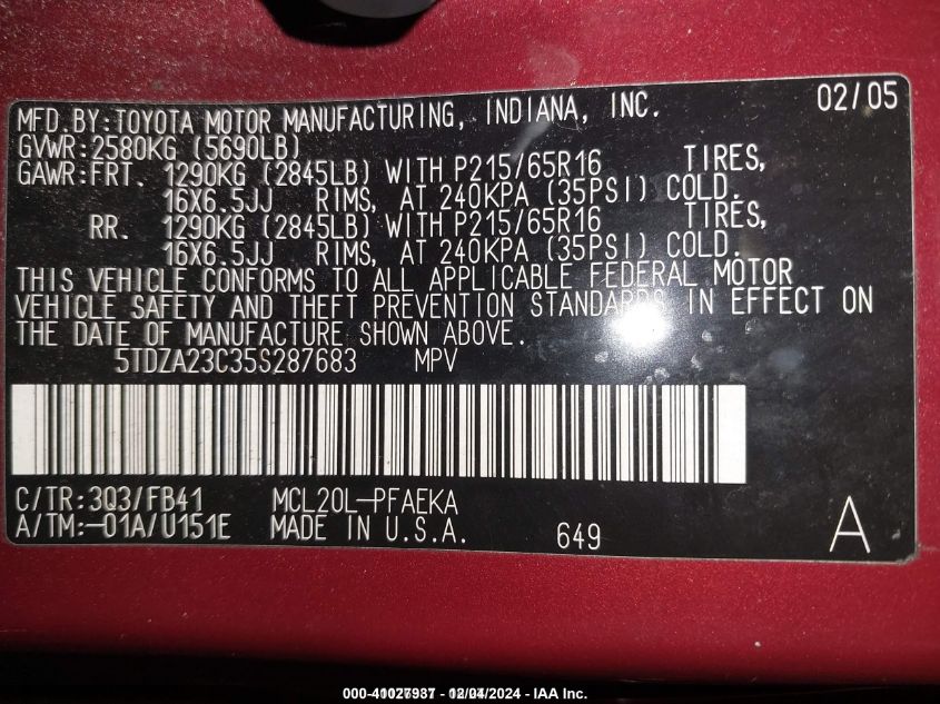 2005 Toyota Sienna Le VIN: 5TDZA23C35S287683 Lot: 41027937