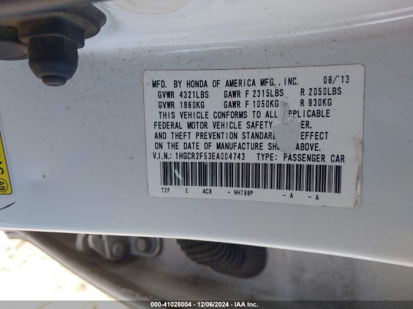 VIN 1HGCR2F53EA004743 2014 Honda Accord, Sport no.9