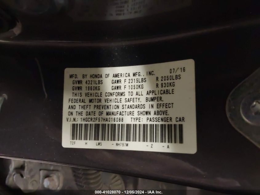 VIN 1HGCR2F57HA016088 2017 Honda Accord, Sport no.9