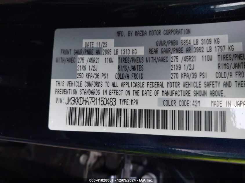 VIN JM3KKDHA7R1150483 2024 MAZDA CX-90 PHEV no.9