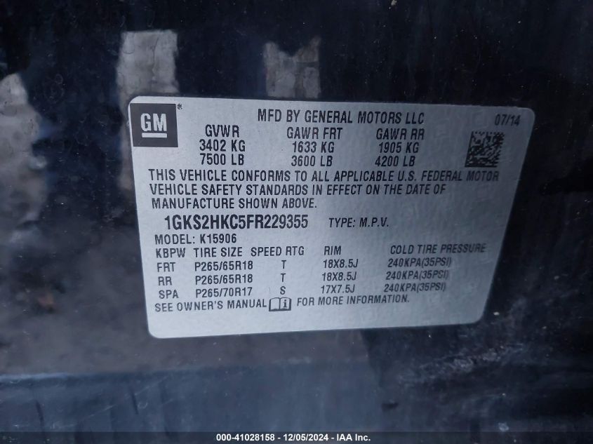 VIN 1GKS2HKC5FR229355 2015 GMC Yukon Xl 1500, Slt no.9