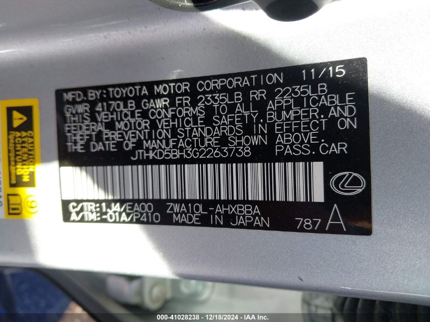 VIN JTHKD5BH3G2263738 2016 Lexus CT, 200H no.9