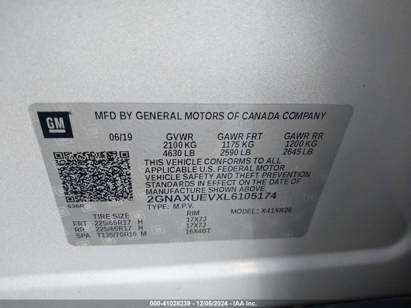 VIN 2GNAXUEVXL6105174 2020 Chevrolet Equinox, Awd L... no.9