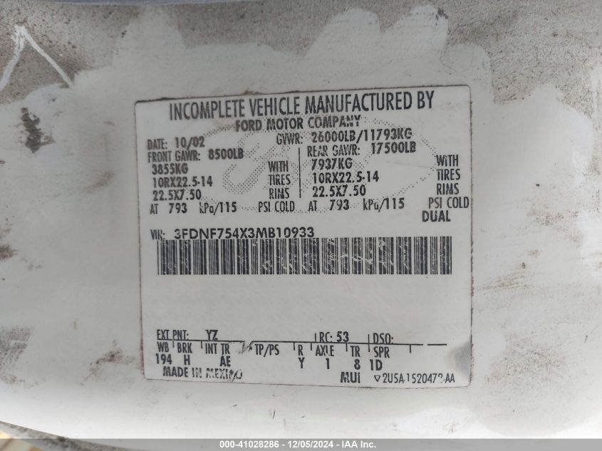 2003 Ford F-750 VIN: 3FDNF754X3MB10933 Lot: 41028286