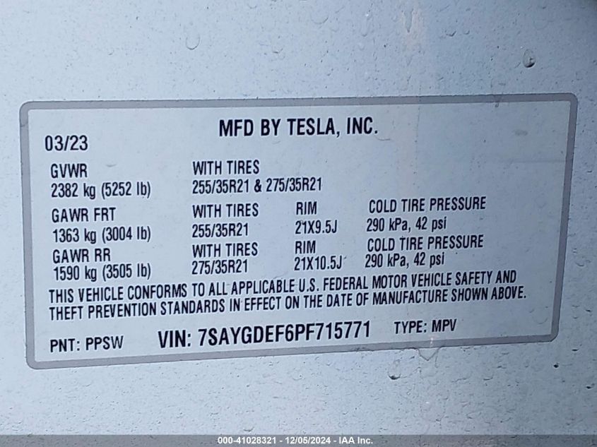 VIN 7SAYGDEF6PF715771 2023 TESLA MODEL Y no.9