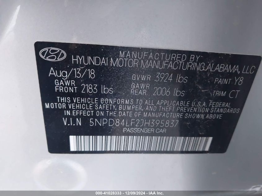 VIN 5NPD84LF2JH395837 2018 Hyundai Elantra, Sel no.9