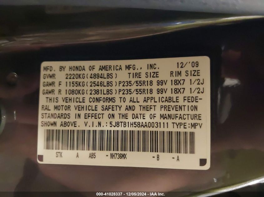 2010 Acura Rdx VIN: 5J8TB1H58AA003111 Lot: 41028337