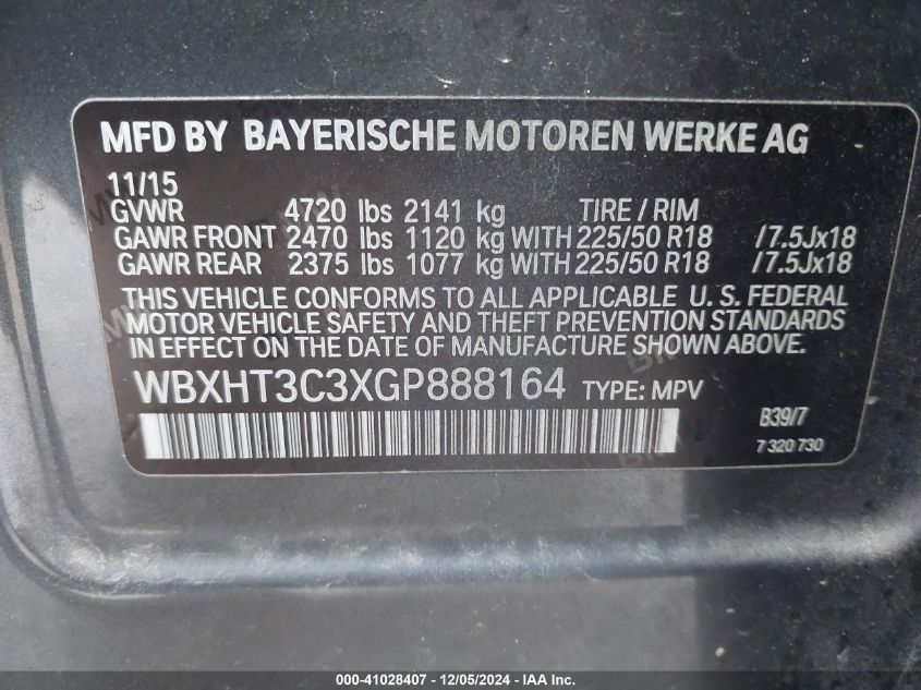 VIN WBXHT3C3XGP888164 2016 BMW X1, Xdrive28I no.9