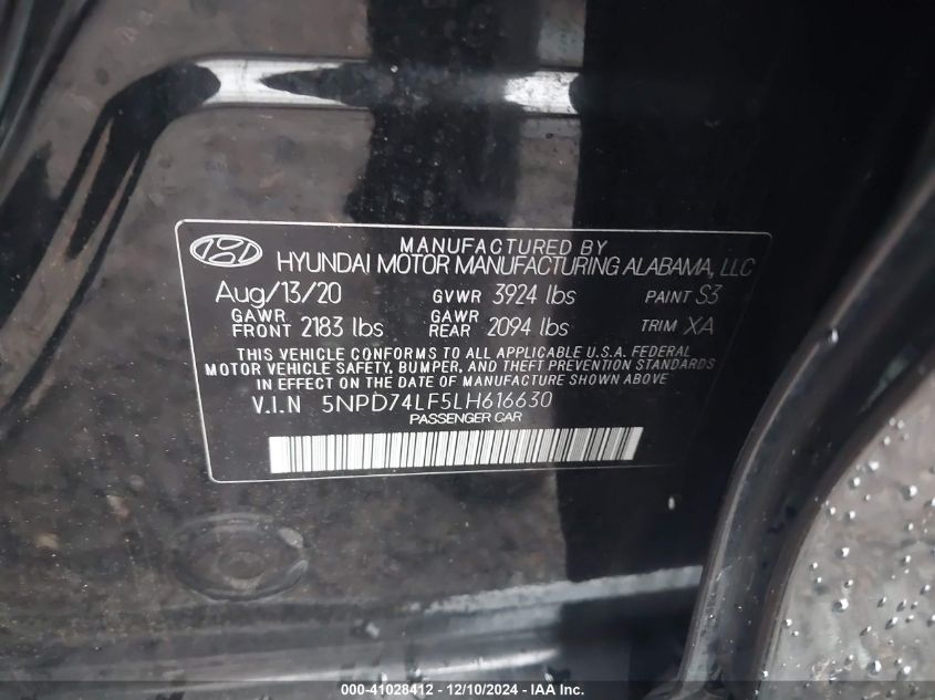 VIN 5NPD74LF5LH616630 2020 Hyundai Elantra, SE no.9