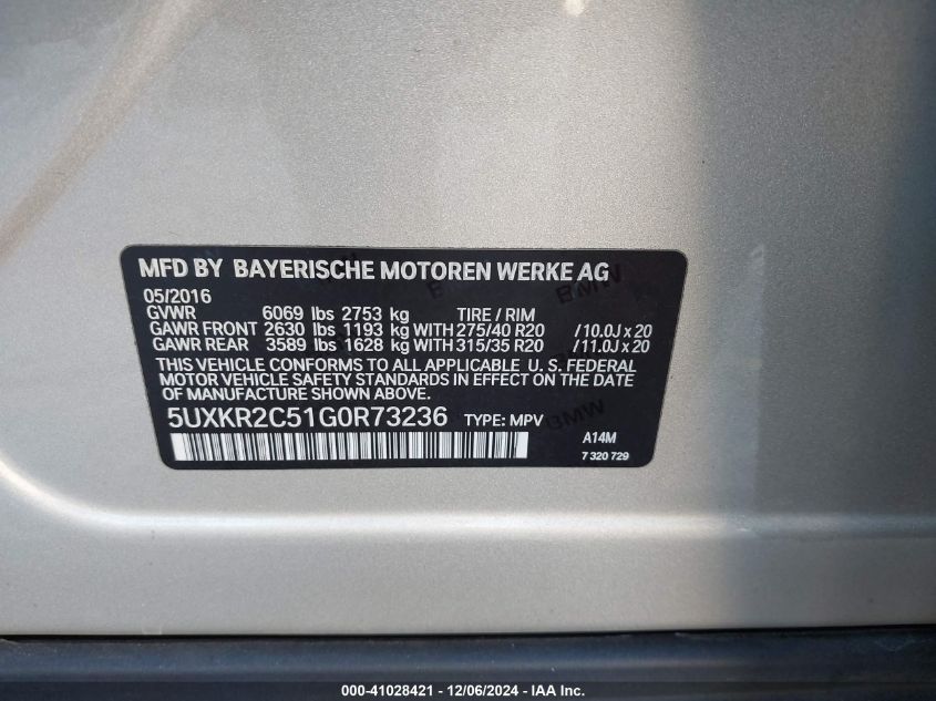 VIN 5UXKR2C51G0R73236 2016 BMW X5 no.9