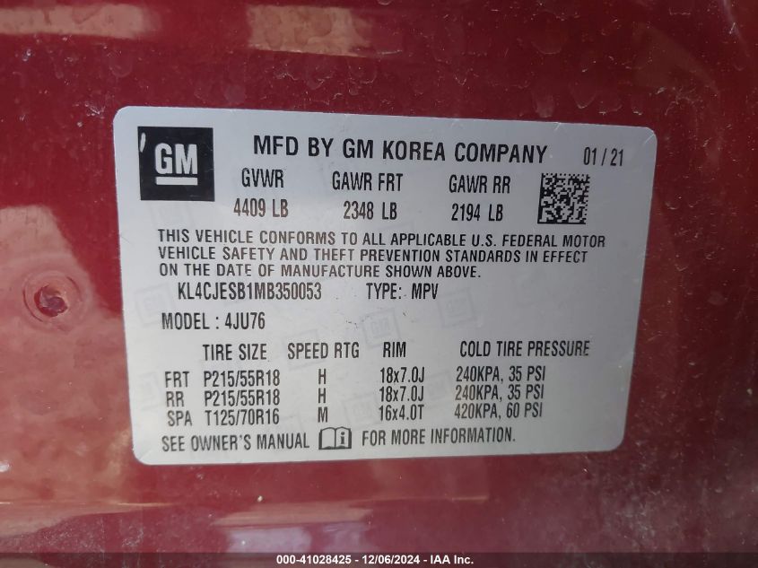 VIN KL4CJESB1MB350053 2021 Buick Encore, Awd Preferred no.9