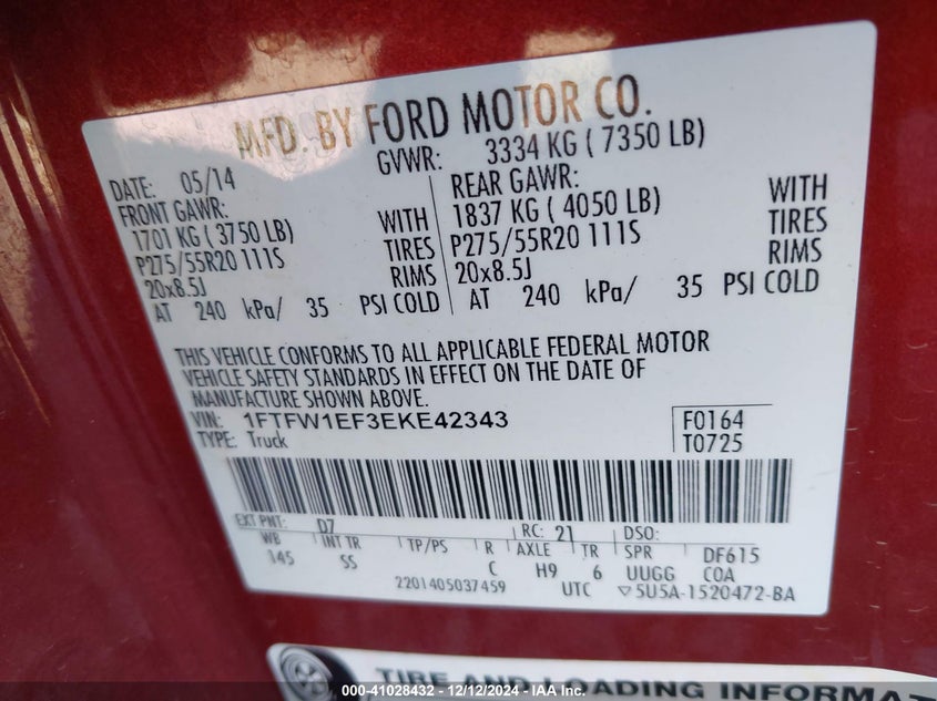 2014 FORD F-150 VIN: 1FTFW1EF3EKE42343