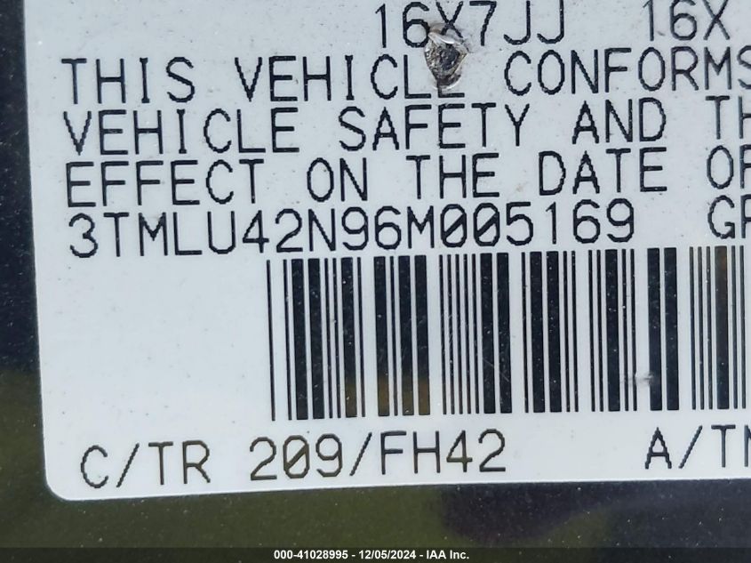 2006 Toyota Tacoma Base V6 VIN: 3TMLU42N96M005169 Lot: 41028995