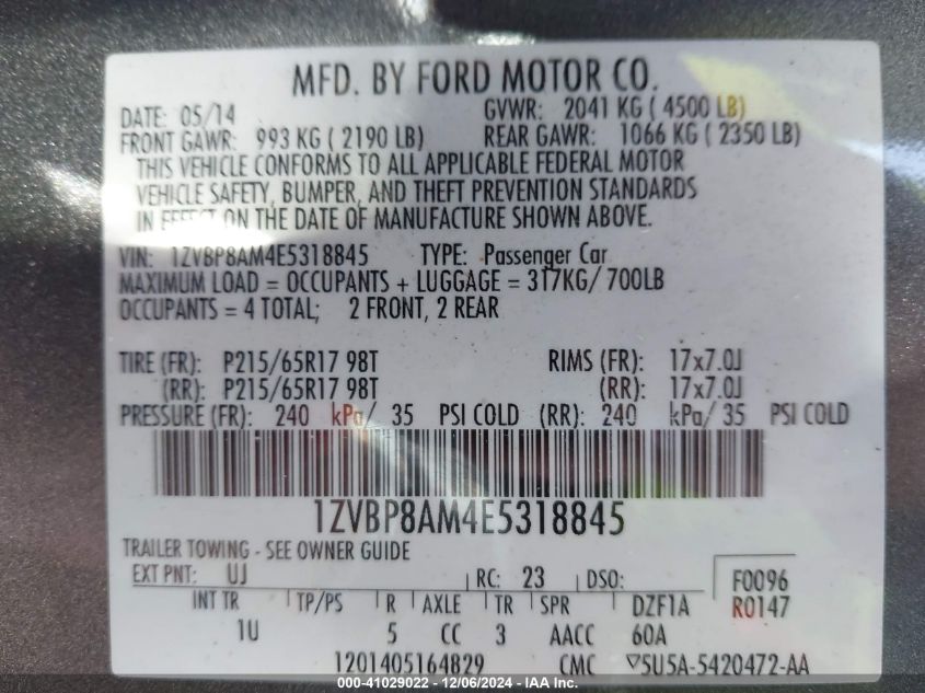 VIN 1ZVBP8AM4E5318845 2014 Ford Mustang, V6 no.9