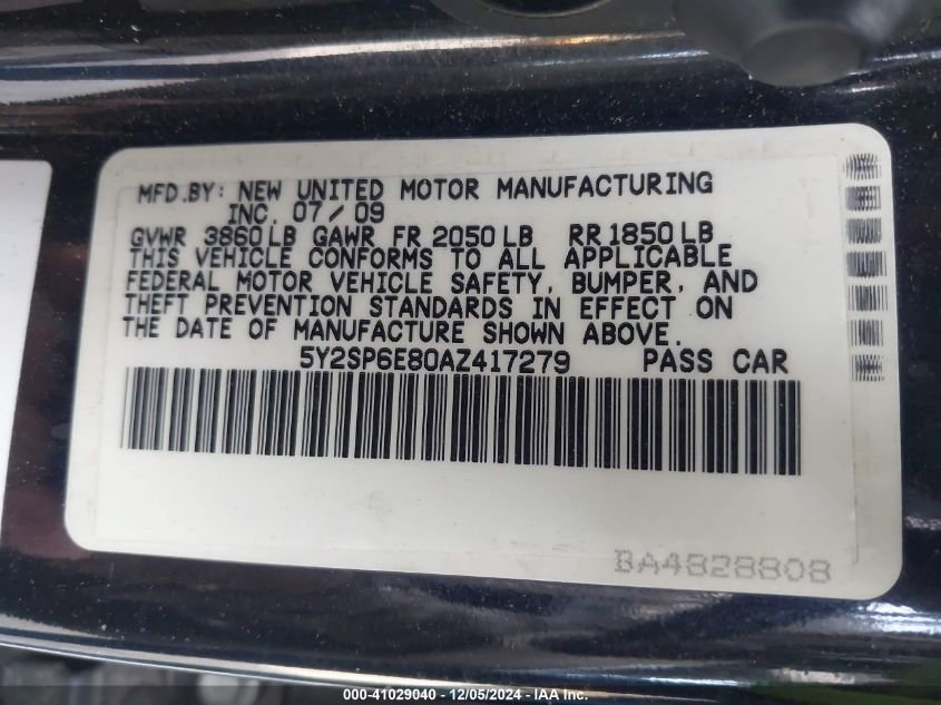 2010 PONTIAC VIBE VIN: 5Y2SP6E80AZ417279