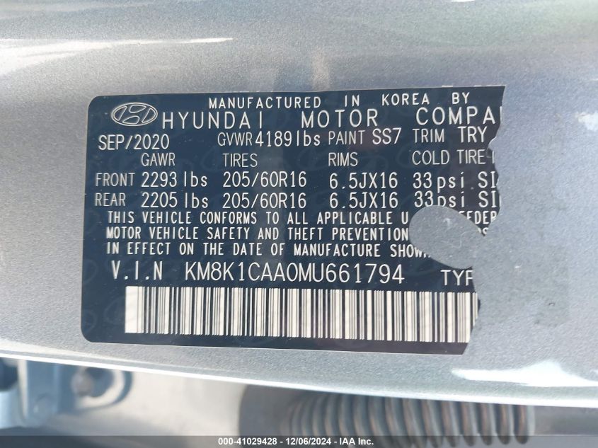 2021 Hyundai Kona Se VIN: KM8K1CAA0MU661794 Lot: 41029428