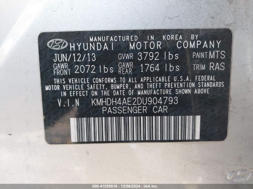 2013 Hyundai Elantra Gls VIN: KMHDH4AE2DU904793 Lot: 41029516