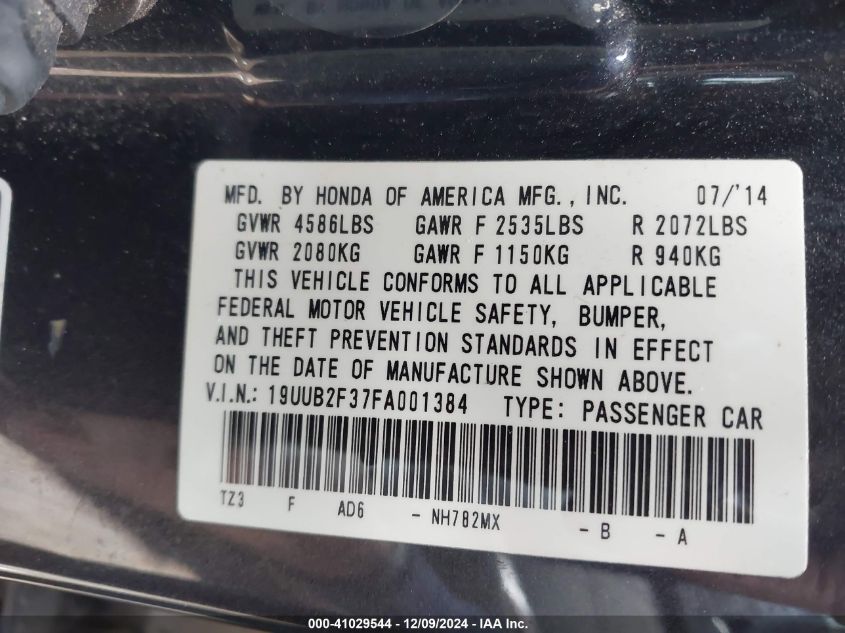 2015 Acura Tlx V6 VIN: 19UUB2F37FA001384 Lot: 41029544