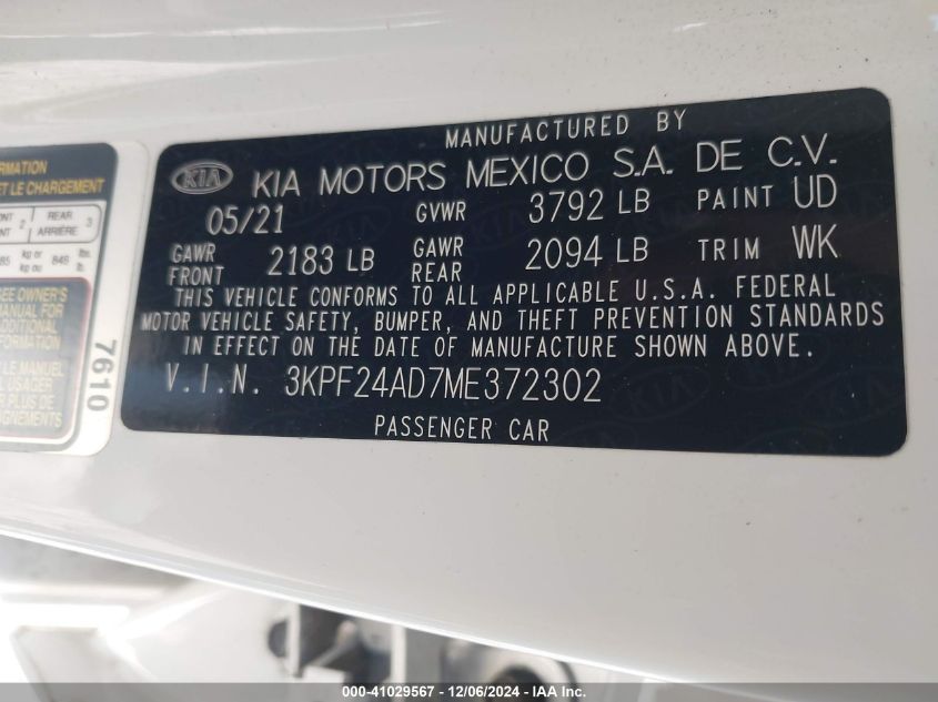 2021 Kia Forte Lxs VIN: 3KPF24AD7ME372302 Lot: 41029567