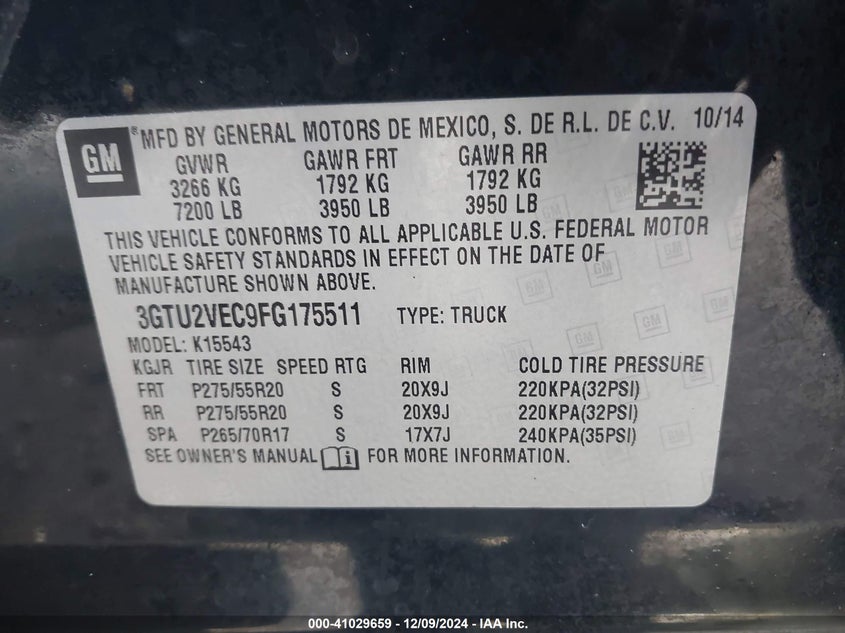 2015 GMC SIERRA 1500 VIN: 3GTU2VEC9FG175511