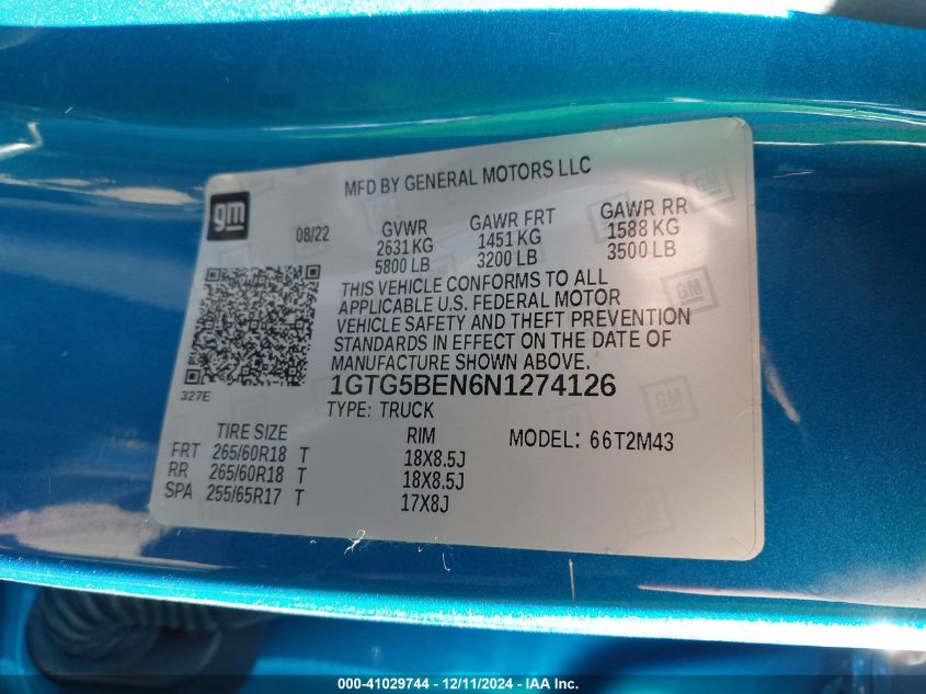 2022 GMC Canyon 2Wd Short Box Elevation Standard VIN: 1GTG5BEN6N1274126 Lot: 41029744