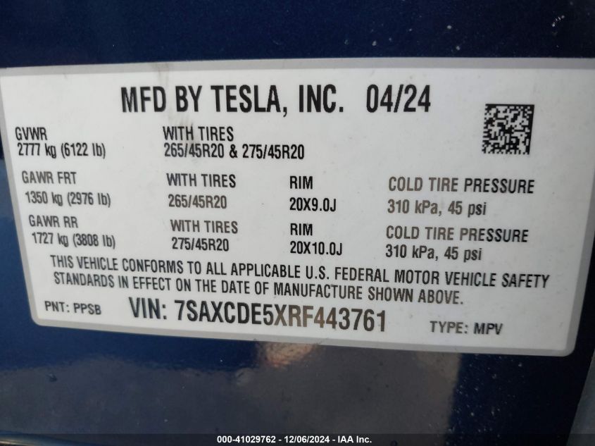 2024 Tesla Model X Long Range VIN: 7SAXCDE5XRF443761 Lot: 41029762