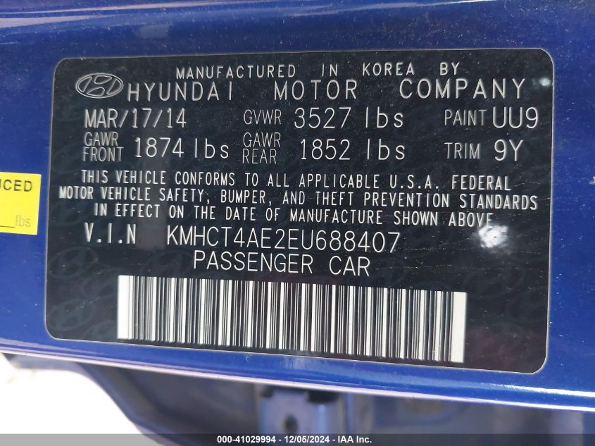 VIN KMHCT4AE2EU688407 2014 HYUNDAI ACCENT no.9