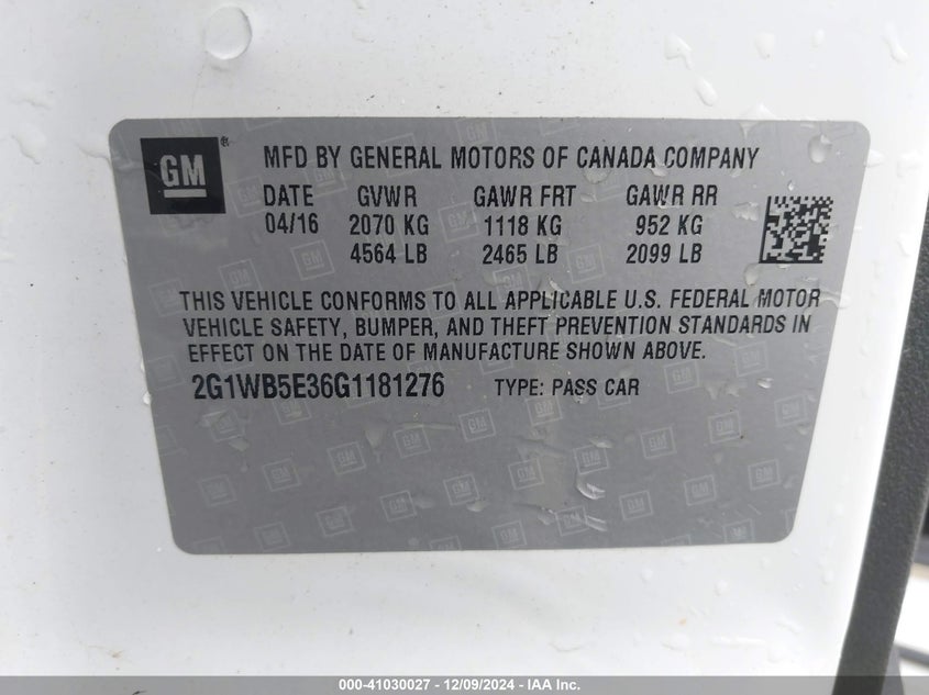 2016 CHEVROLET IMPALA LIMITED VIN: 2G1WB5E36G1181276