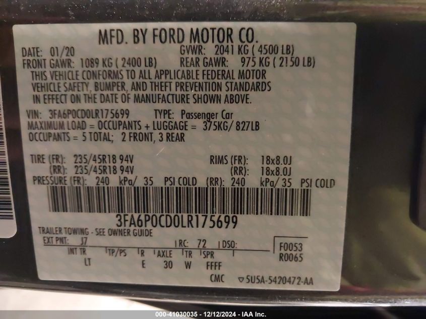 VIN 3FA6P0CD0LR175699 2020 FORD FUSION no.9