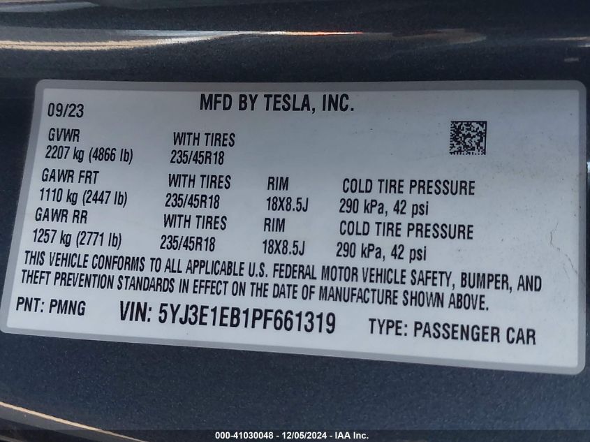 2023 Tesla Model 3 Long Range Dual Motor All-Wheel Drive VIN: 5YJ3E1EB1PF661319 Lot: 41030048